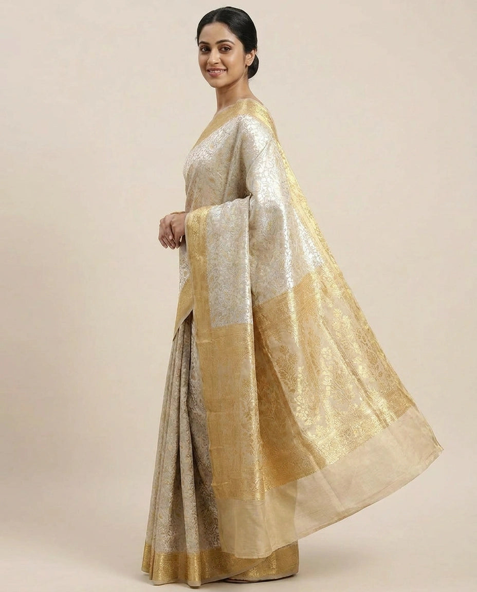 Beige Banarasi Saree in Tussar Khaddi - Rangoli India
