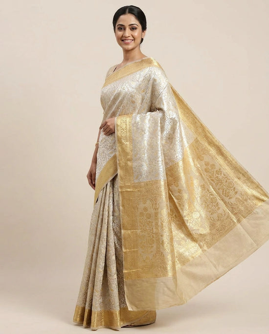 Beige Banarasi Saree in Tussar Khaddi - Rangoli India