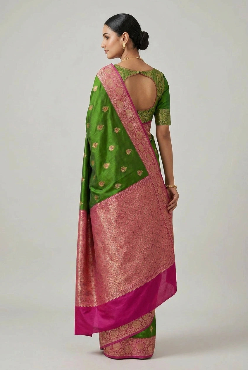Woman wearing a green and pink saree on a white background