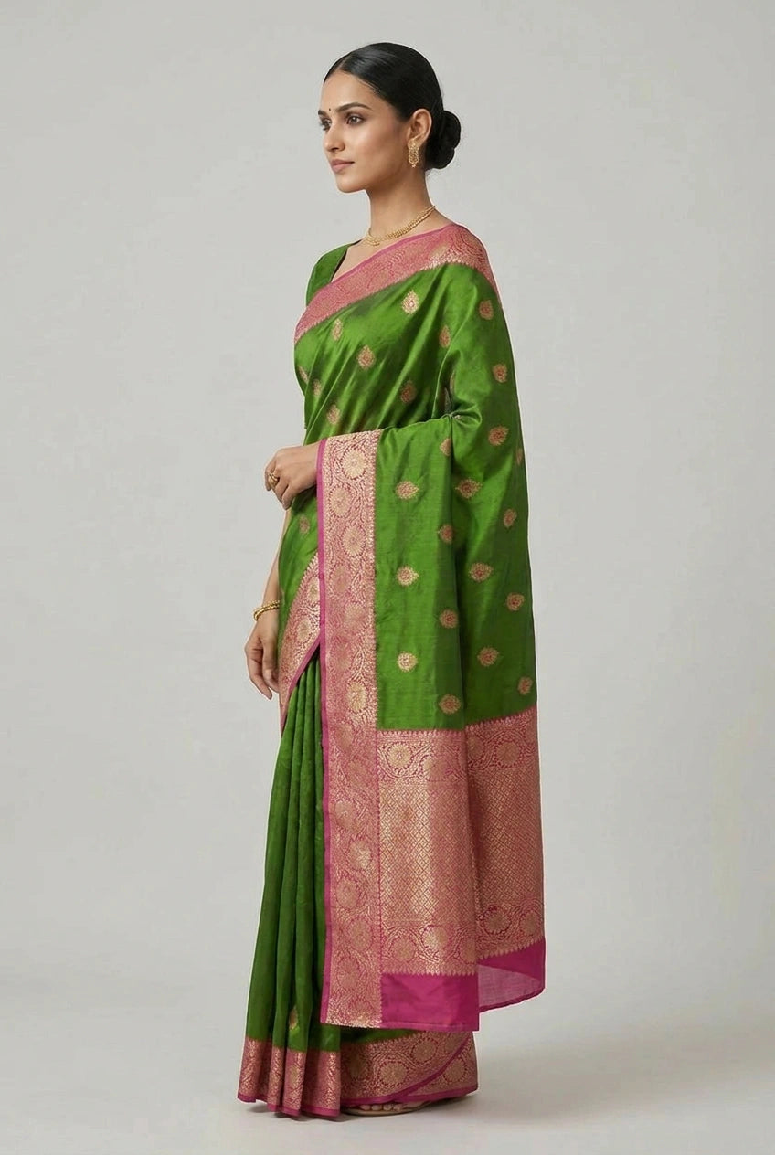 Woman wearing a green saree with pink border on a white background