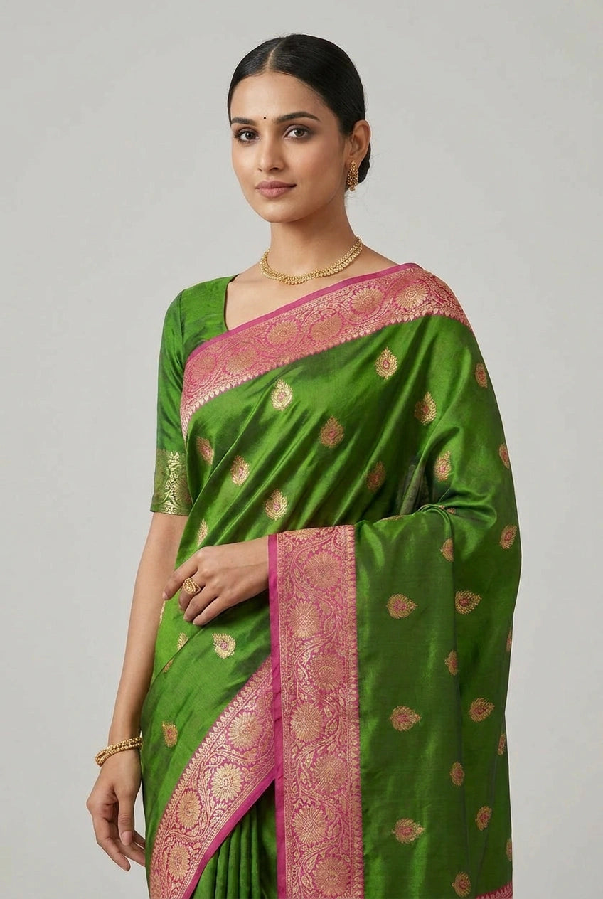 Woman wearing a green saree with pink border on a gray background