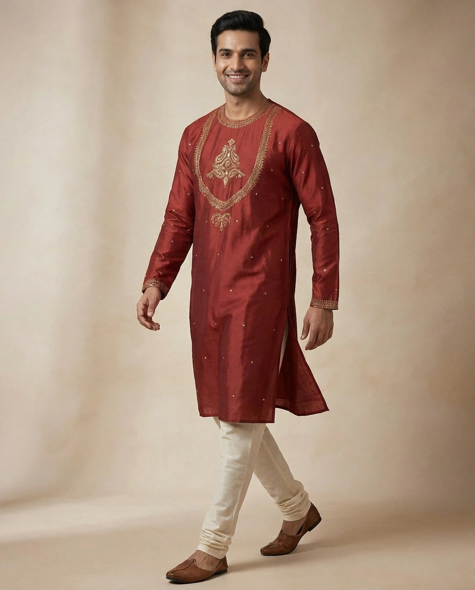 Tussar Silk Kurta with Gold Accents - Rangoli India