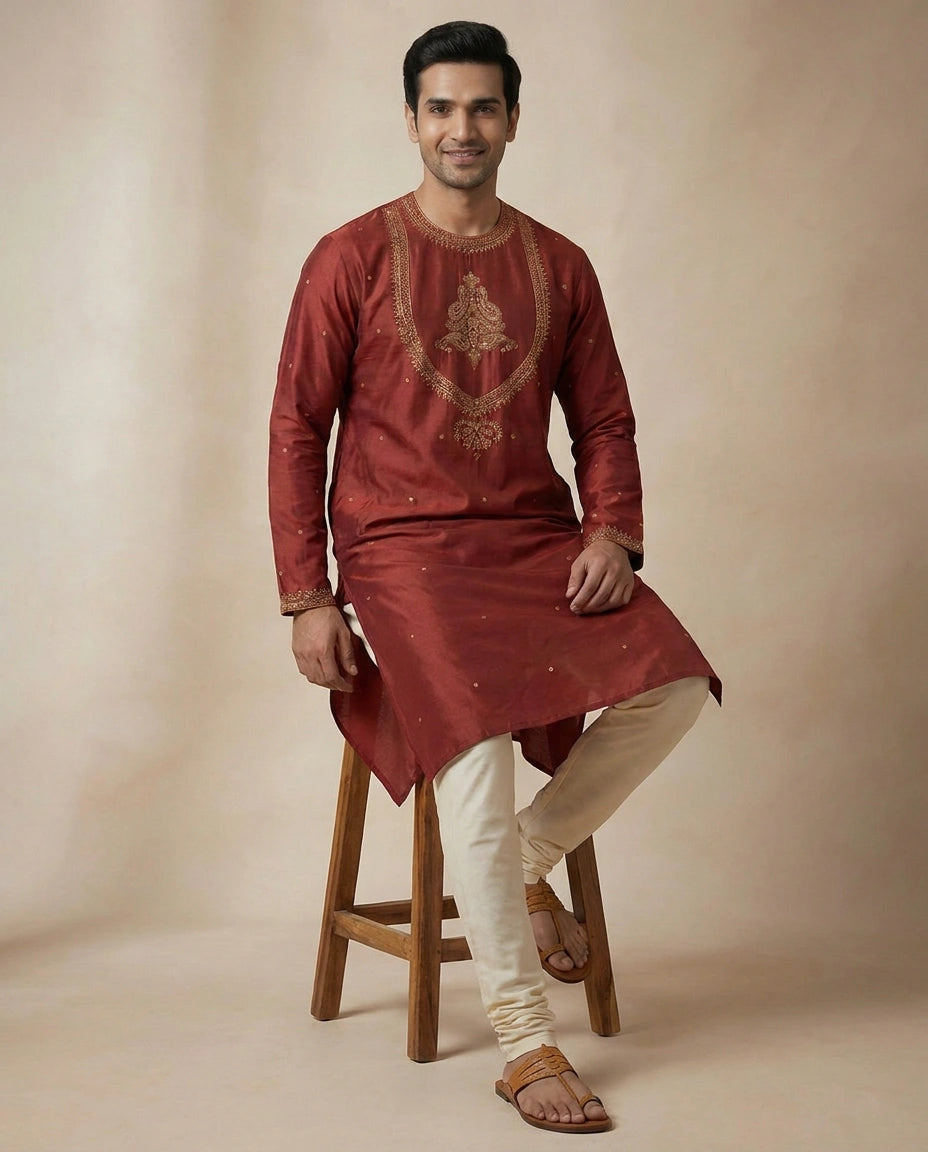 Tussar Silk Kurta with Gold Accents - Rangoli India