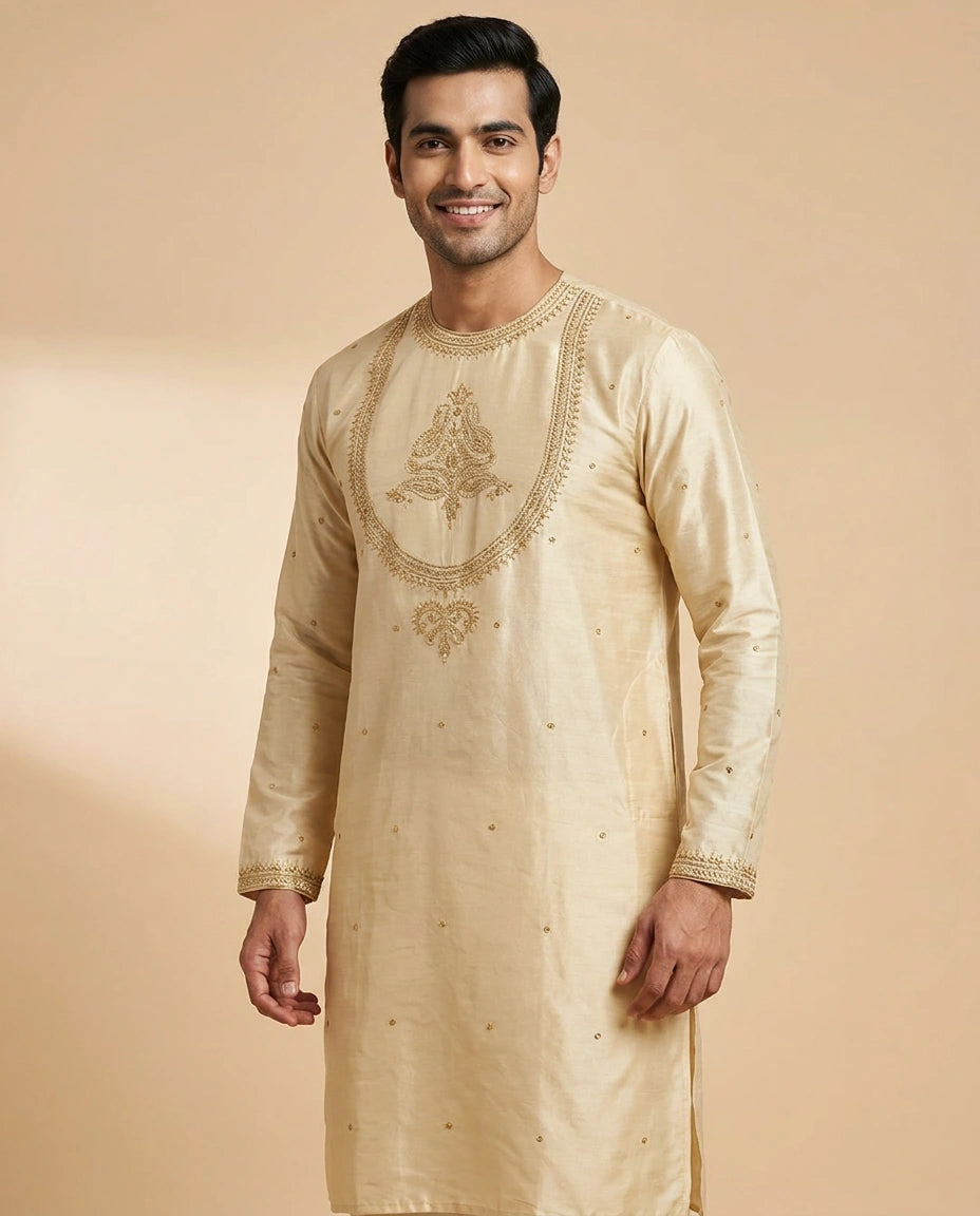 Tussar Silk Kurta with Gold Accents - Rangoli India