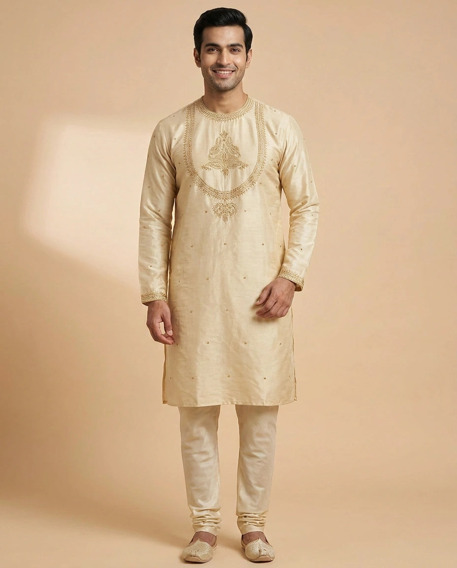 Tussar Silk Kurta with Gold Accents - Rangoli India