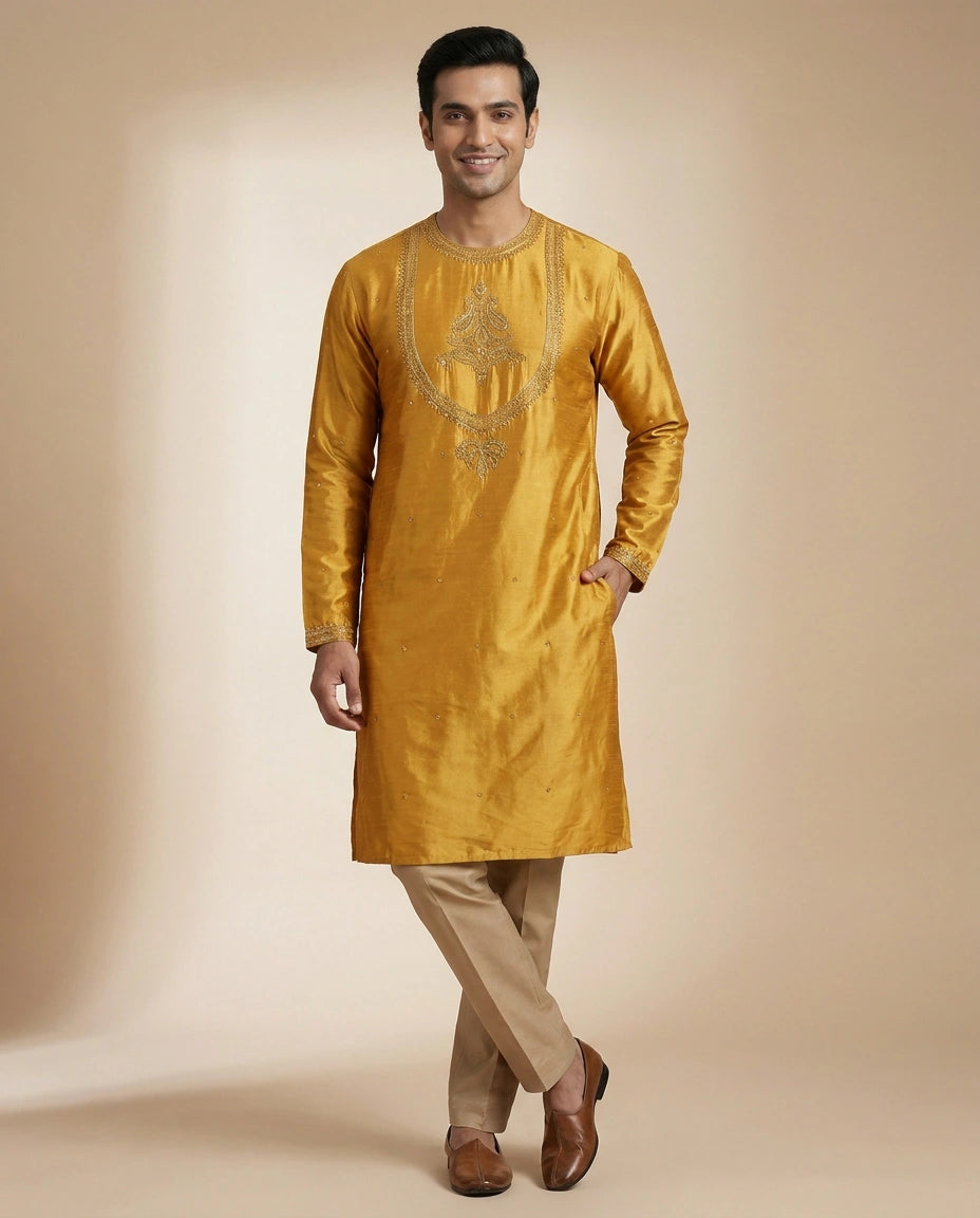 Tussar Silk Kurta with Gold Accents - Rangoli India
