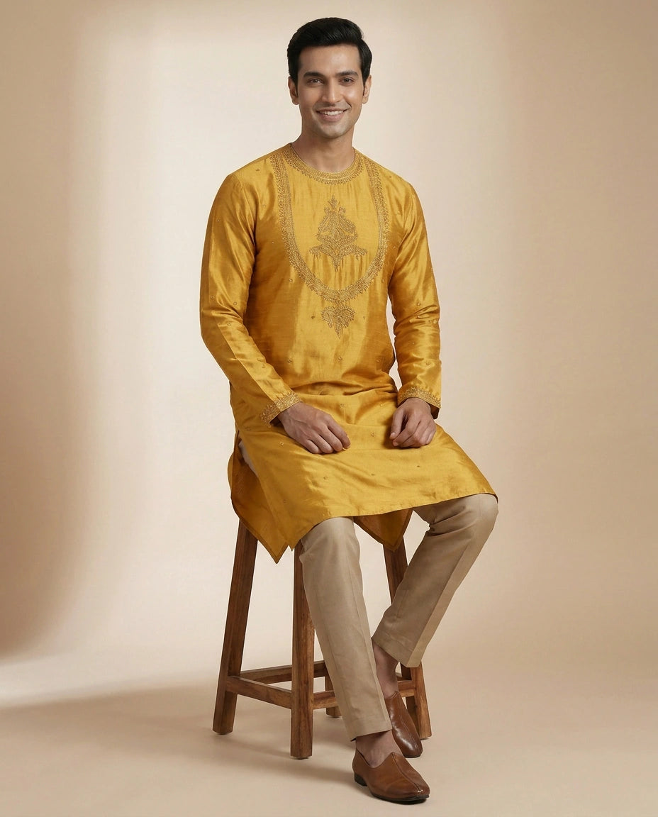 Tussar Silk Kurta with Gold Accents - Rangoli India