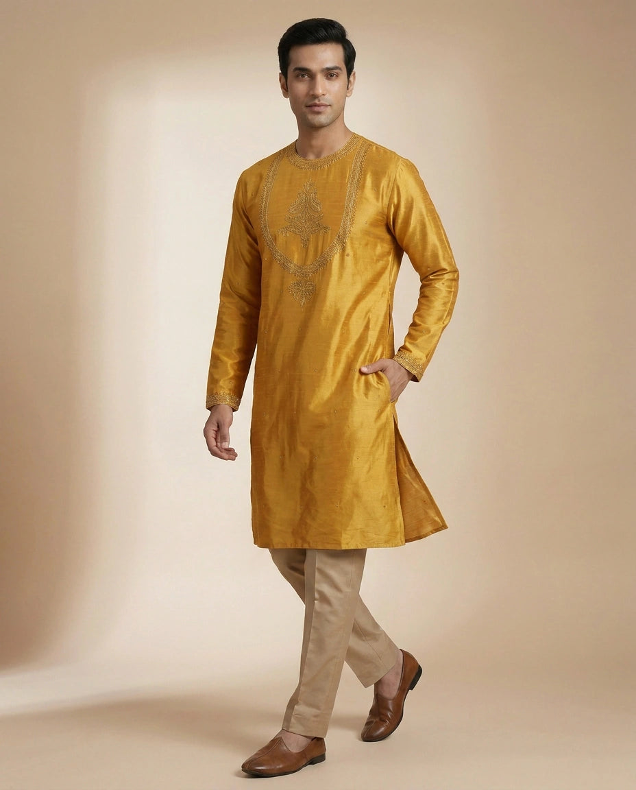 Tussar Silk Kurta with Gold Accents - Rangoli India