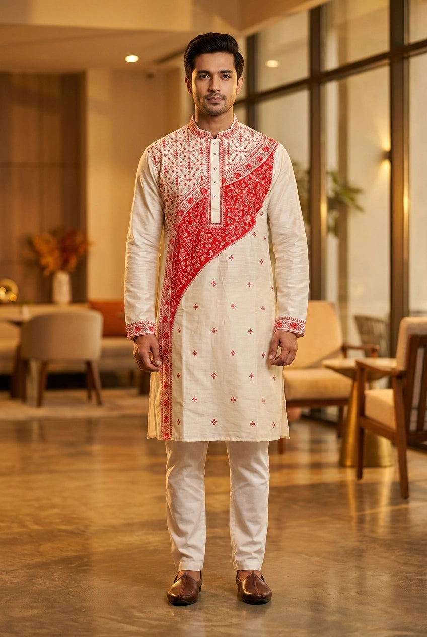 Tussar Silk Kurta with Self Weave for Family Function