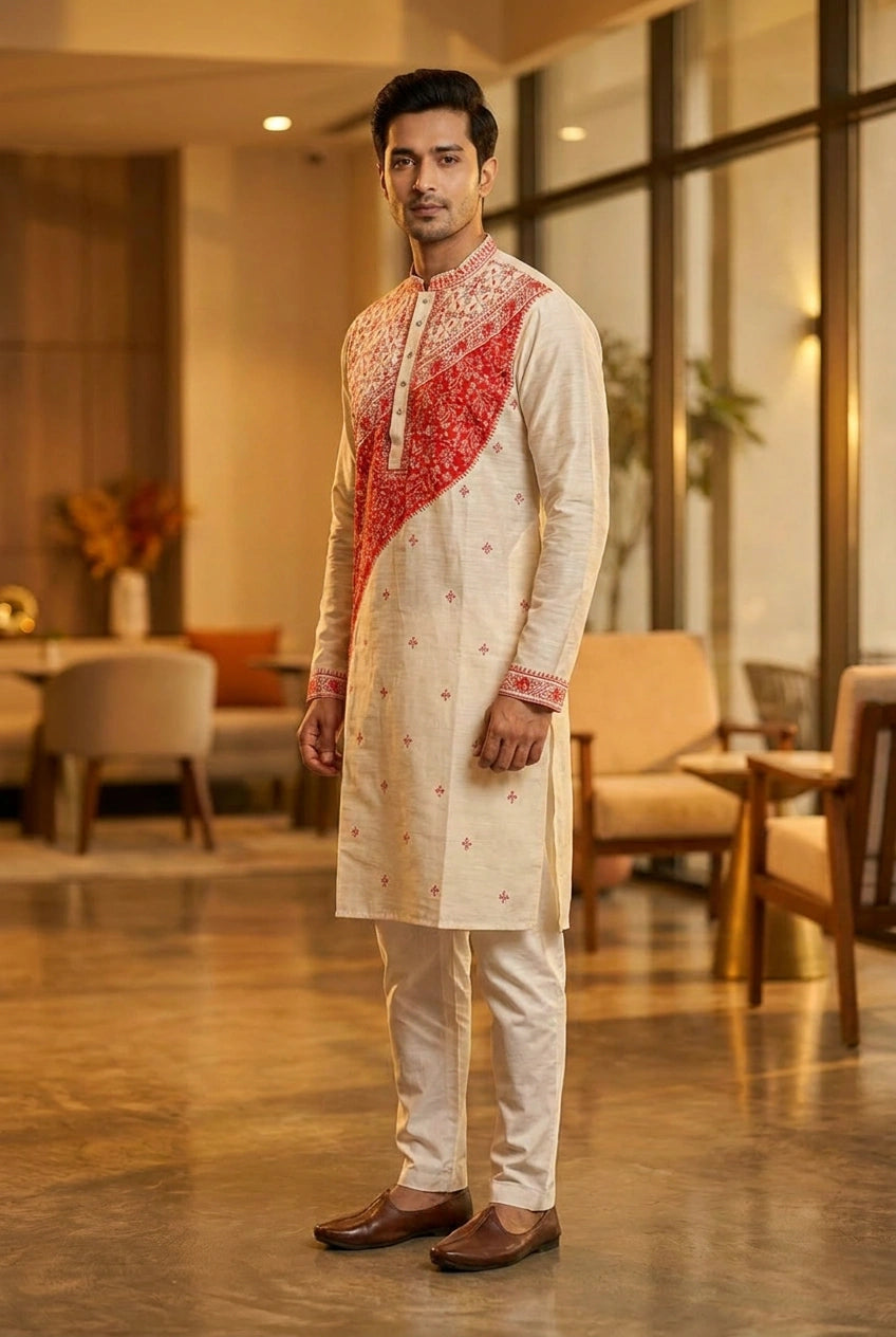 Tussar Silk Kurta with Self Weave for Family Function