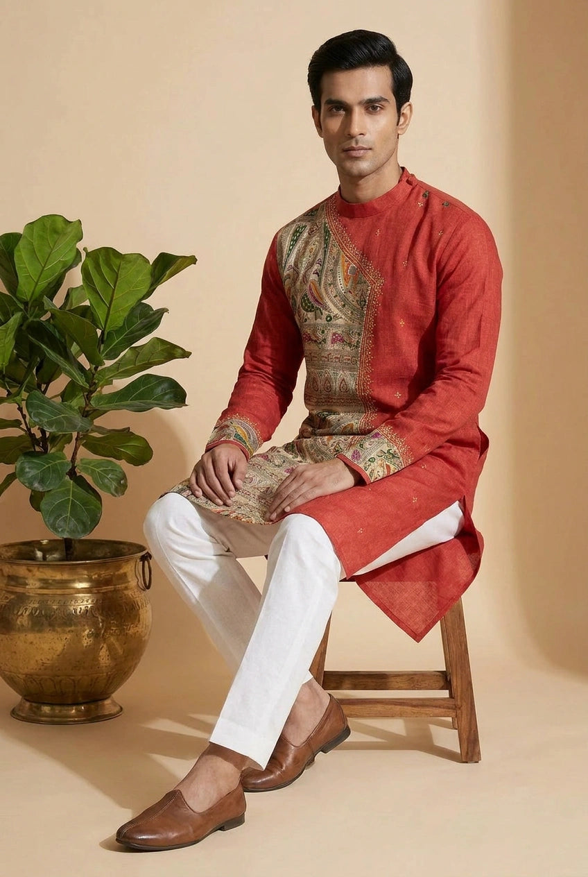 Cotton Kurta with Self Print for Summer Comfort