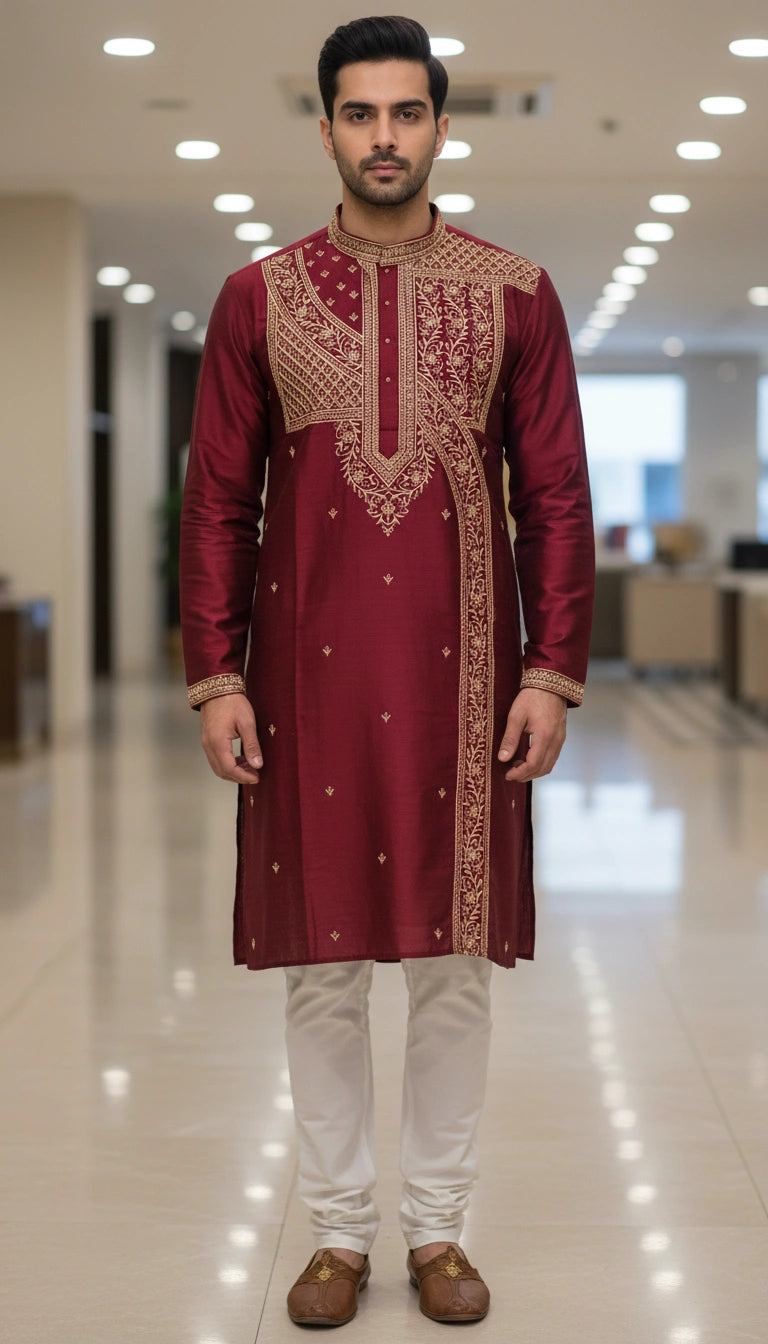 Tussar Silk Kurta with Mandarin Collar for Reception Wear