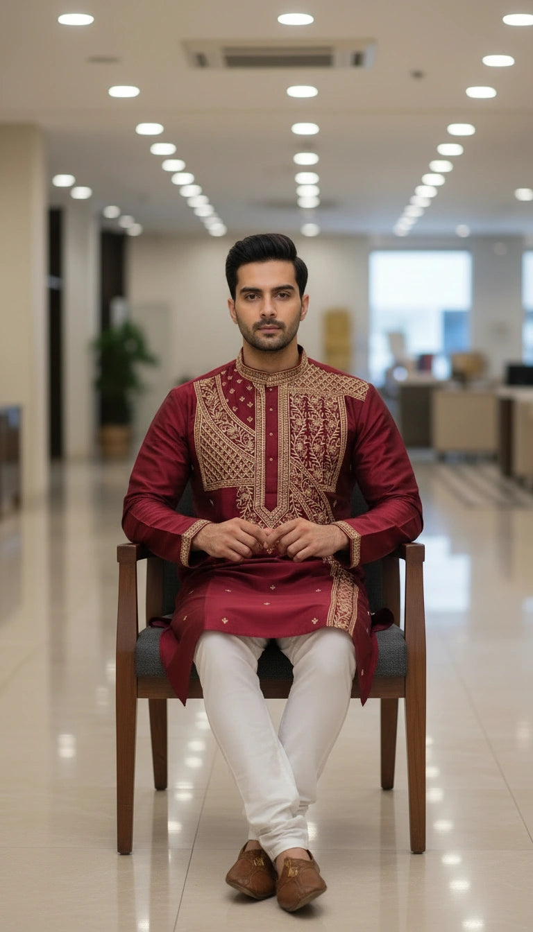 Tussar Silk Kurta with Mandarin Collar for Reception Wear