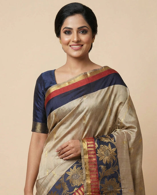 Beige South Weave Saree in Silk Katan - Rangoli India