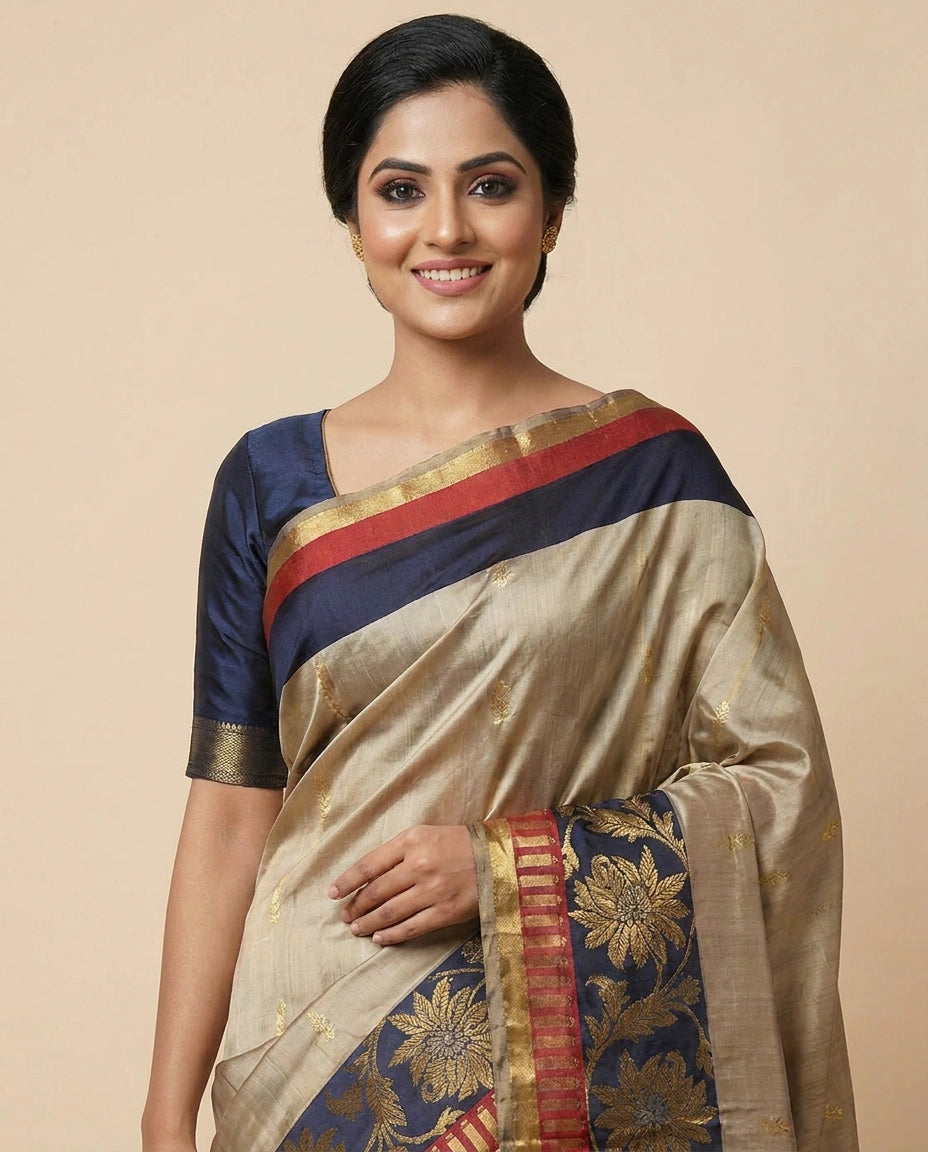 Beige South Weave Saree in Silk Katan - Rangoli India