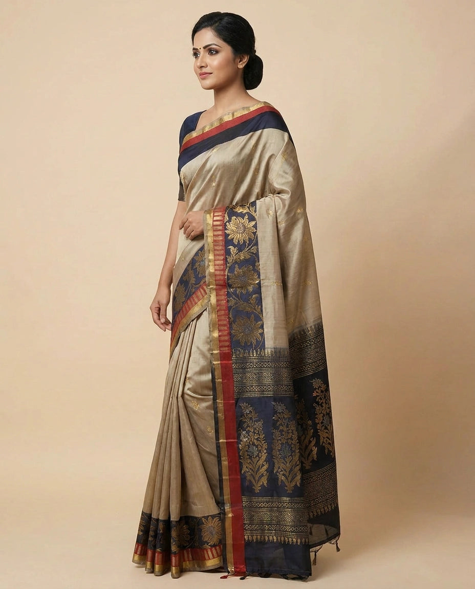 Beige South Weave Saree in Silk Katan - Rangoli India