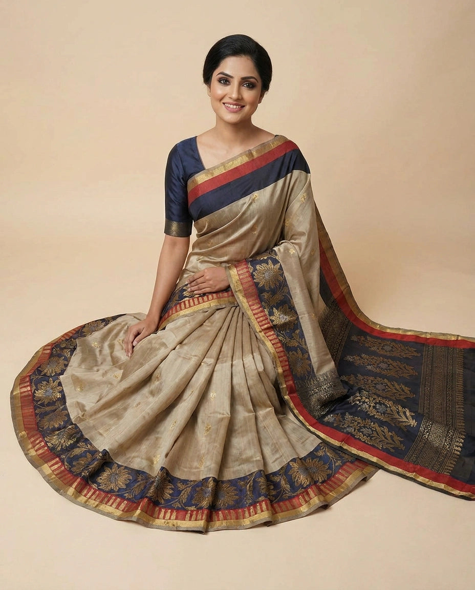 Beige South Weave Saree in Silk Katan - Rangoli India
