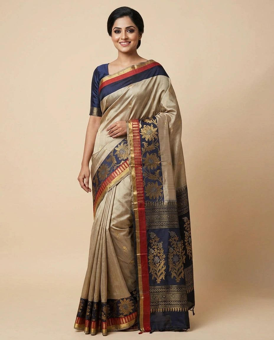 Beige South Weave Saree in Silk Katan - Rangoli India