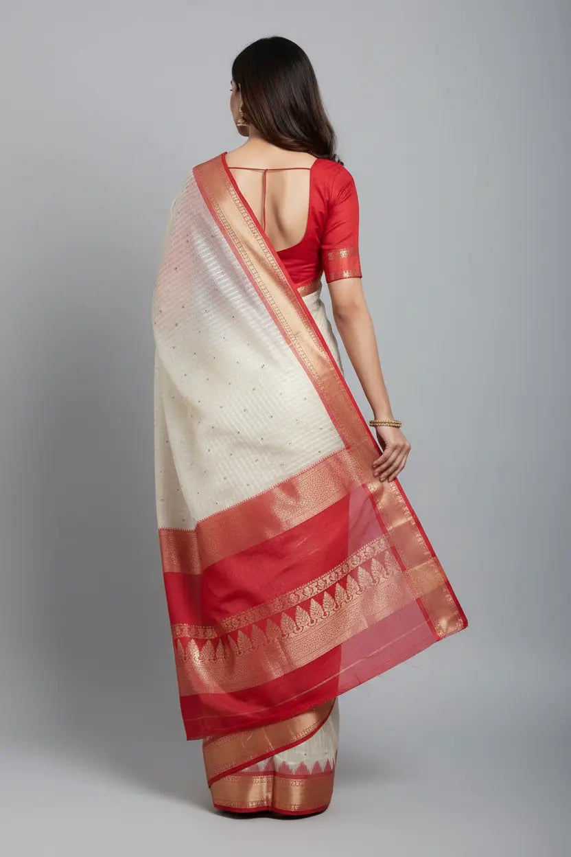 Woman wearing a red and white saree with a plain background