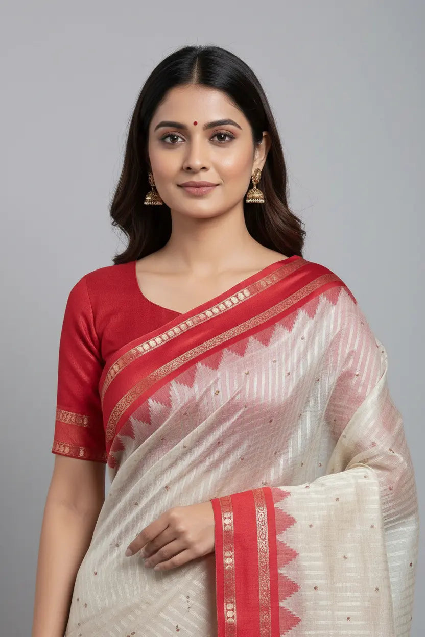 Woman wearing a red and white saree against a gray background
