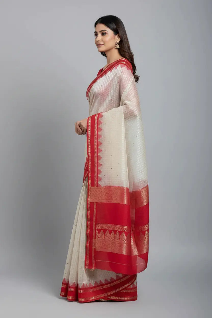 Woman wearing a white saree with red border on a gray background