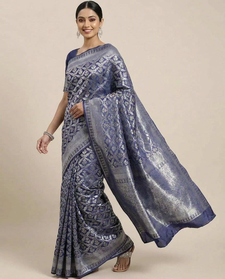 Crepe Khaddi Banarasi Saree with Woven Diamond Motifs - Rangoli India