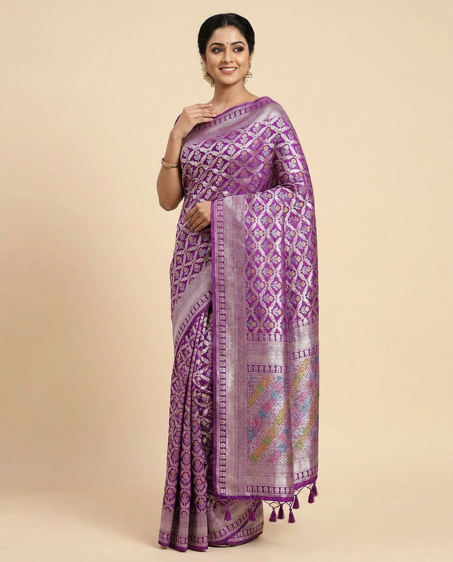 Crepe Khaddi Banarasi Saree with Woven Diamond Motifs - Rangoli India