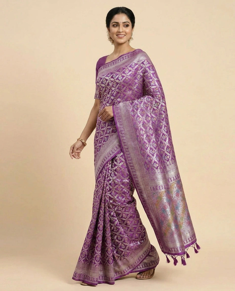 Crepe Khaddi Banarasi Saree with Woven Diamond Motifs - Rangoli India