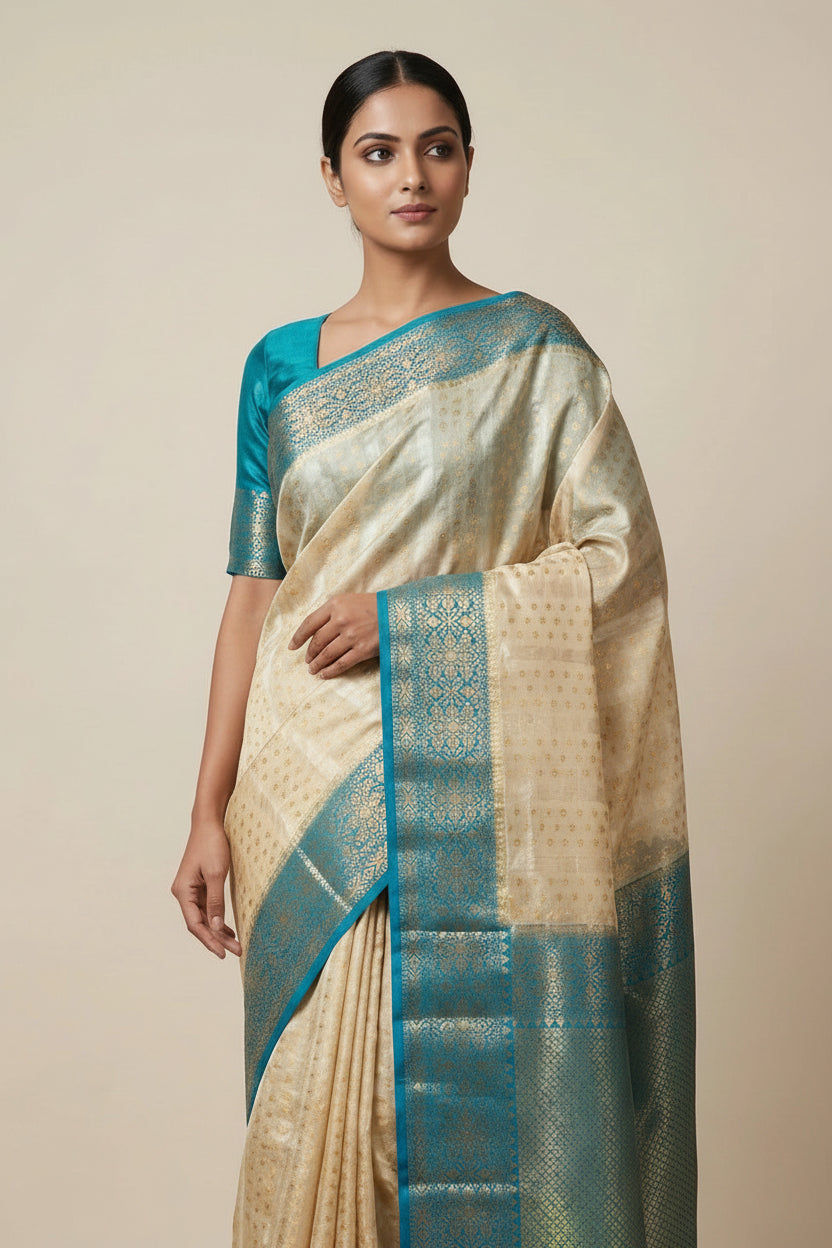 Woman wearing a beige and blue saree on a beige background