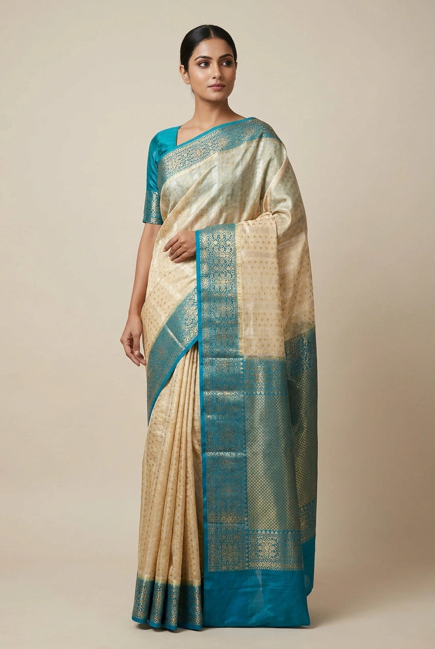 Woman wearing a beige and blue saree on a beige background