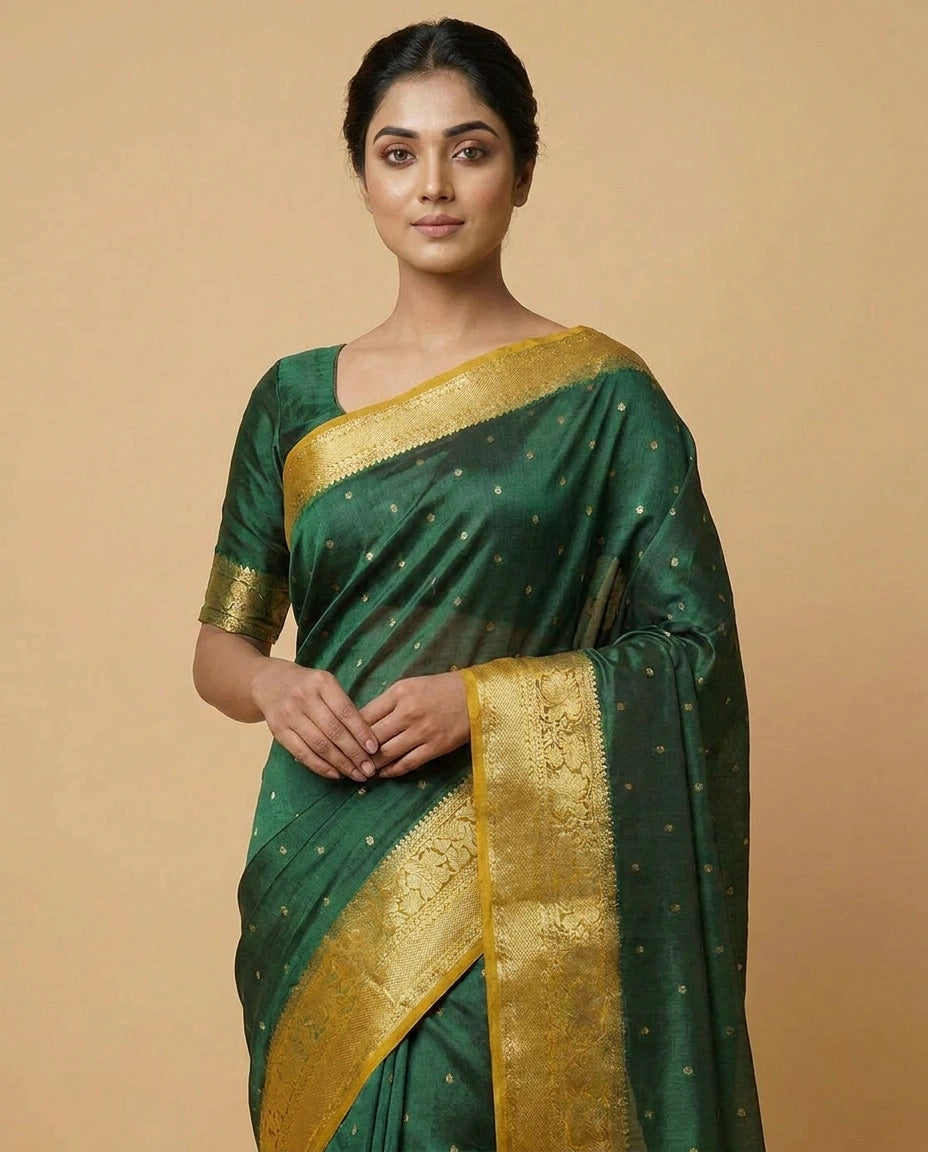 Woman wearing a green saree with gold border on a beige background