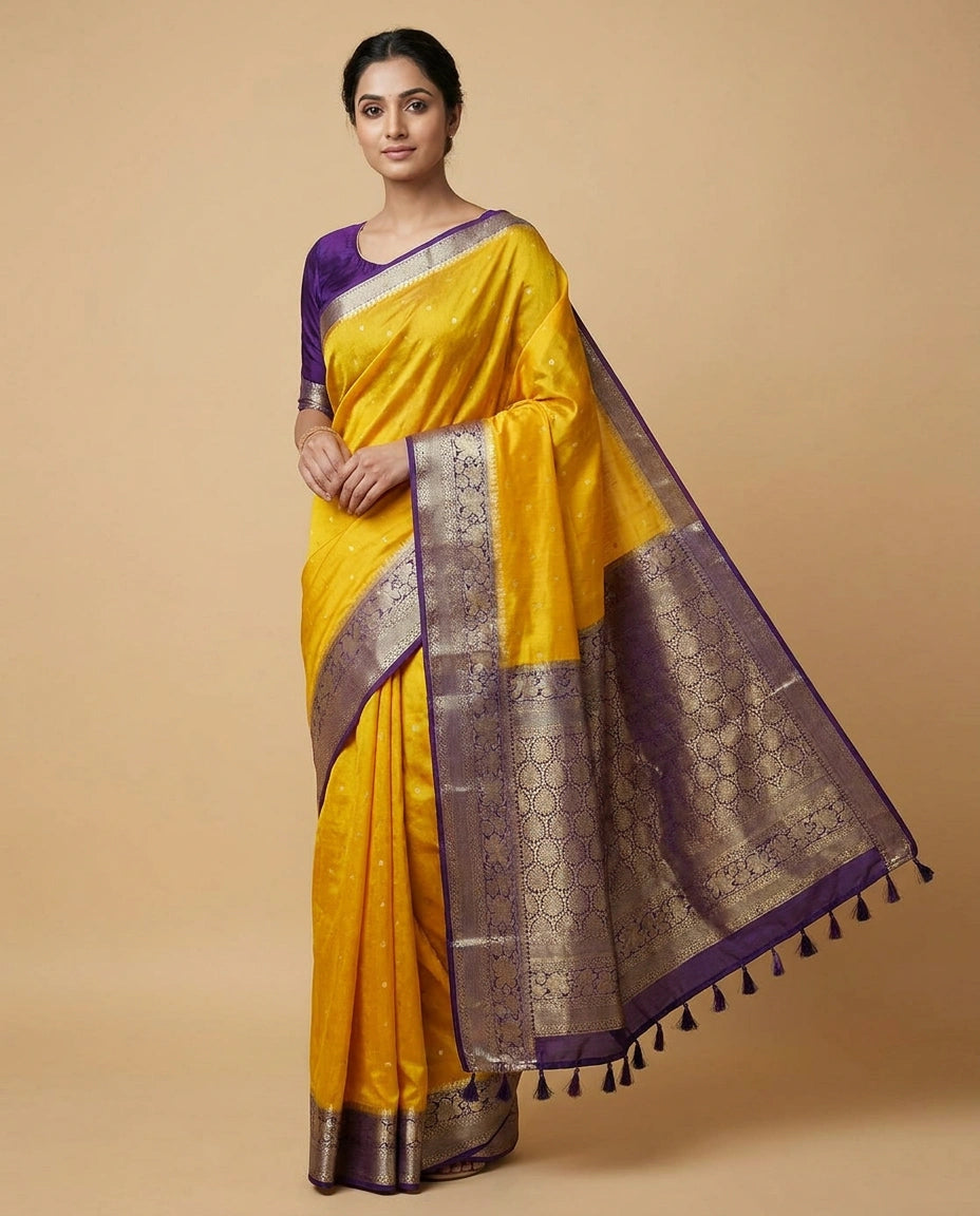 Dots Banarasi Dola Silk Saree with Woven Zari Jacquard Border - Rangoli India