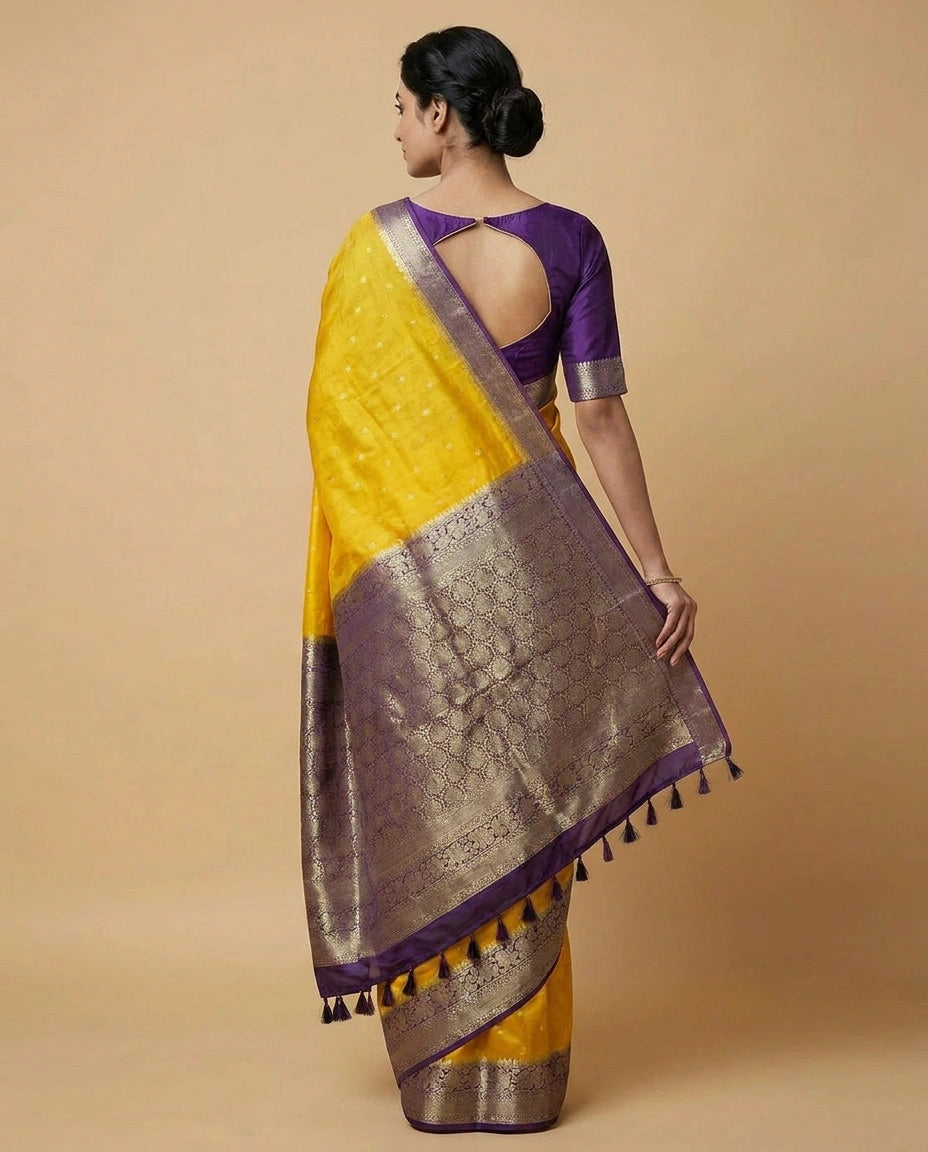 Woman wearing a yellow and purple saree with a beige background