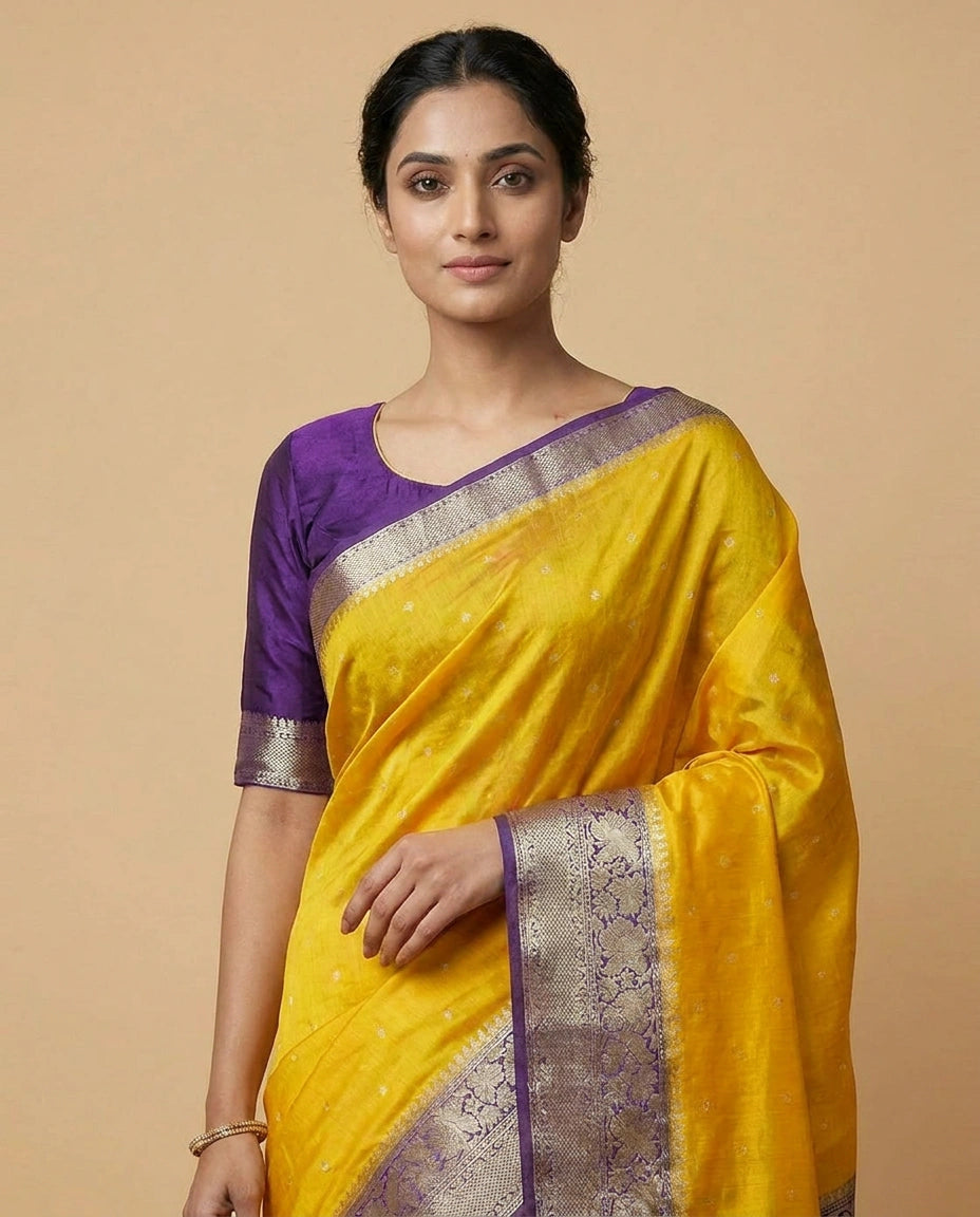 Dots Banarasi Dola Silk Saree with Woven Zari Jacquard Border - Rangoli India