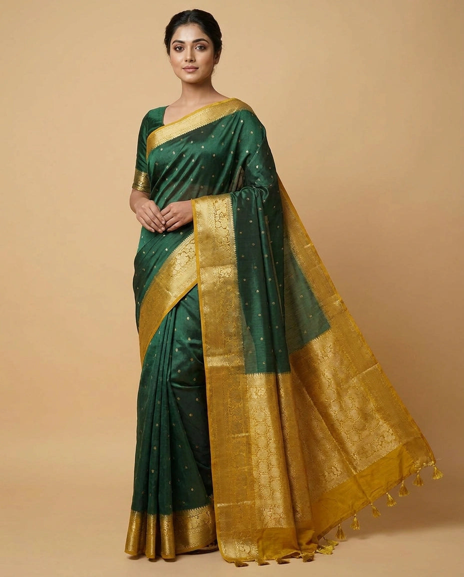 Woman wearing a green and gold saree against a beige background