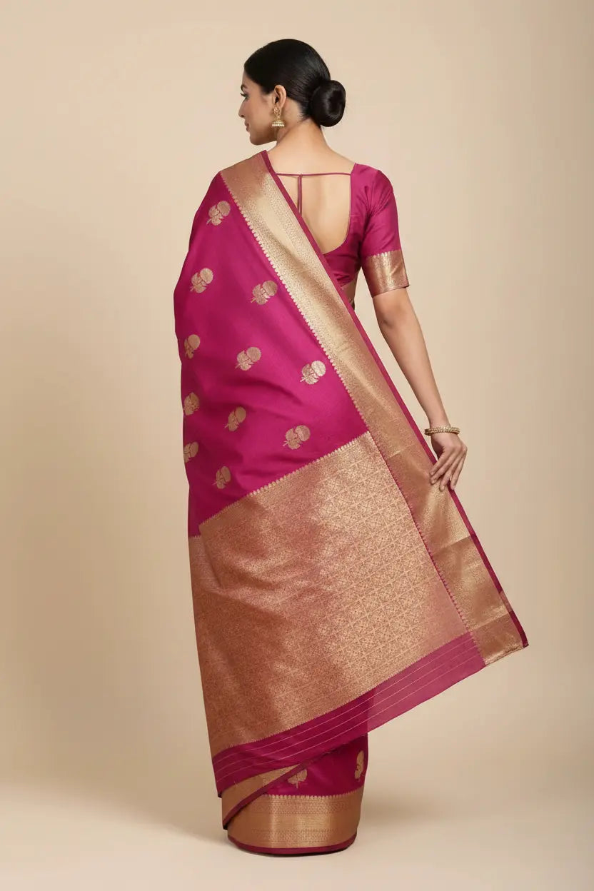 Woman wearing a pink and gold saree on a beige background