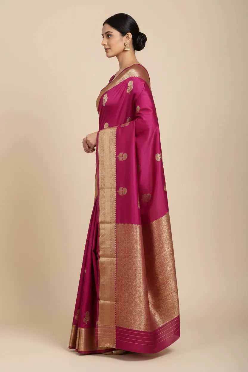 Woman wearing a pink saree with gold border on a beige background