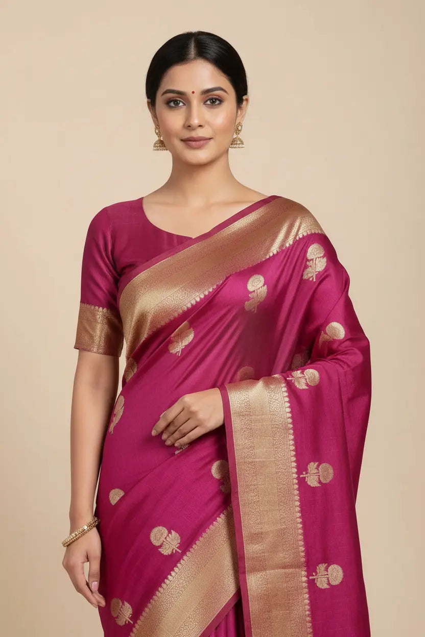 Woman wearing a pink saree with gold border on a beige background