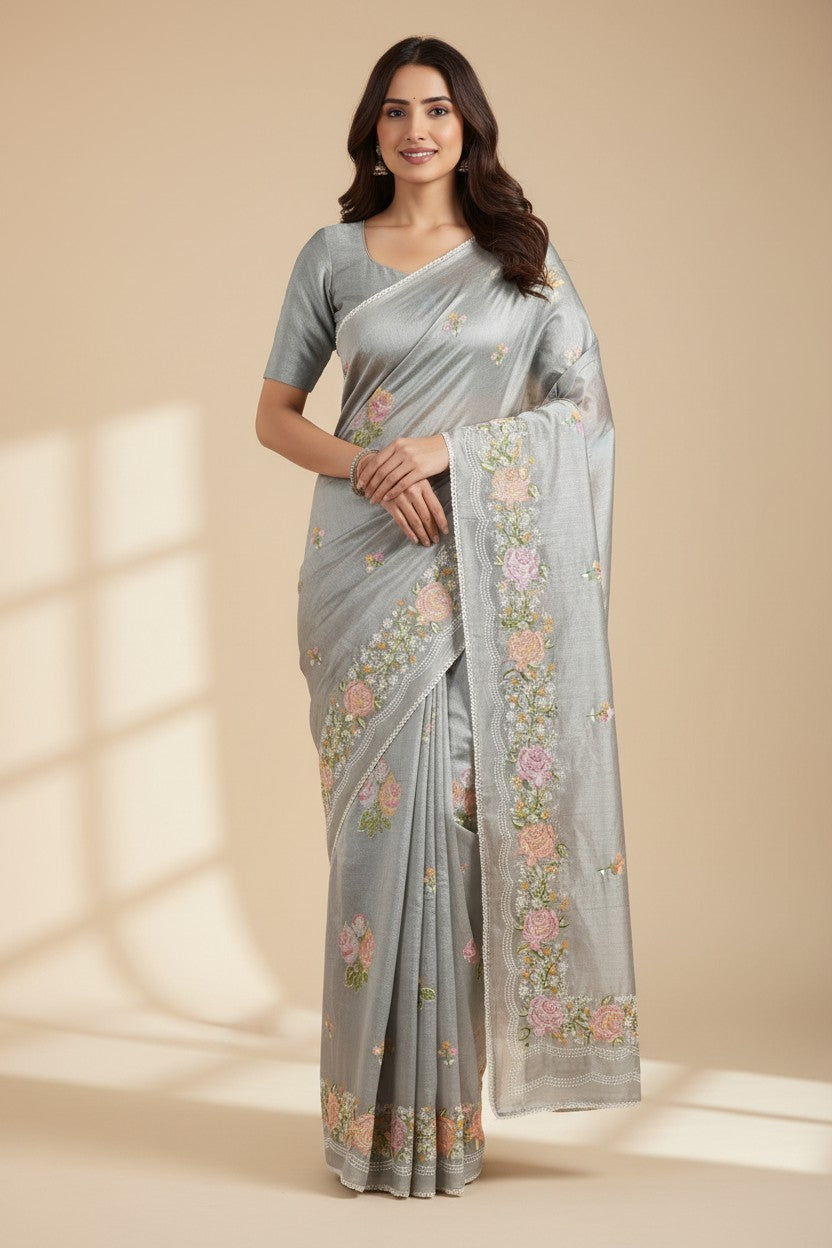Handcrafted Tussar Silk Embroidery Saree - Rangoli Sarees