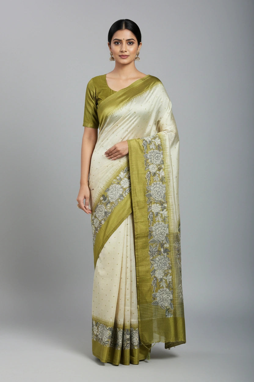 Handcrafted Pure Cotton Printed Saree - Off White/Rust | Rangoli