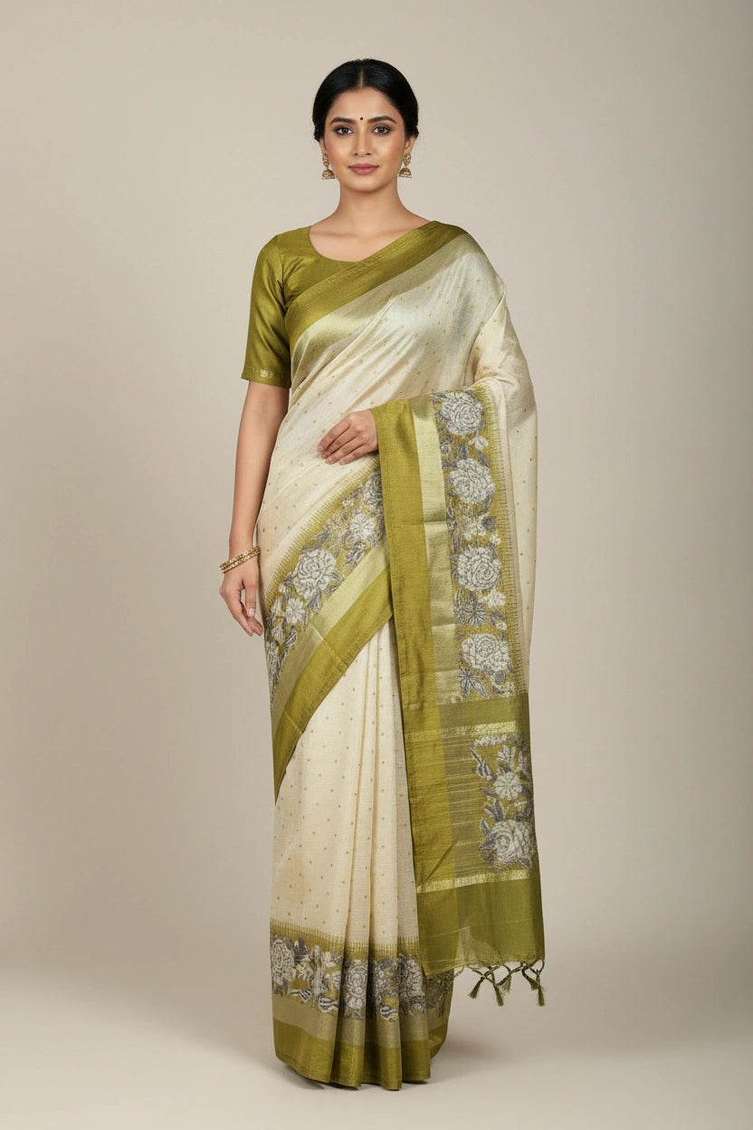 Handcrafted Pure Cotton Printed Saree - Off White/Mauve | Rangoli