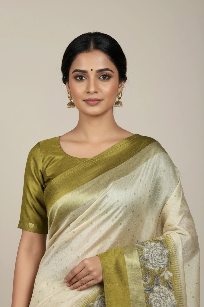Handcrafted Pure Cotton Printed Saree - Off White/Blue | Rangoli