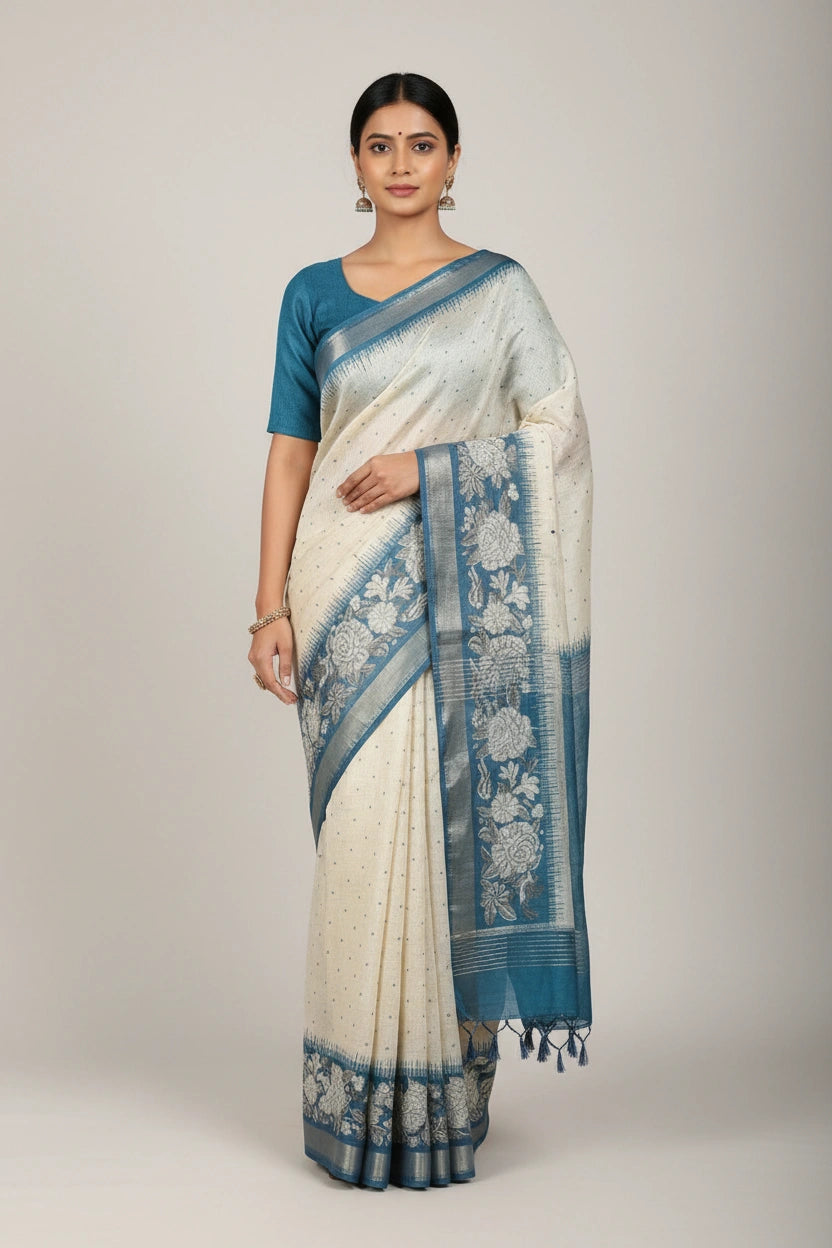 Handcrafted Pure Cotton Printed Saree - Off White/Mehandi | Rangoli