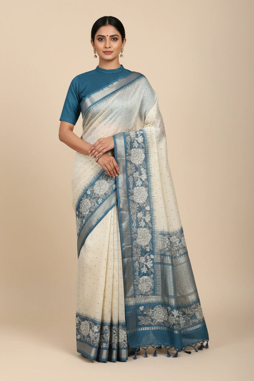 Printed Cotton Saree with Floral Everyday Festive Pattern - View 5 | Rangoli