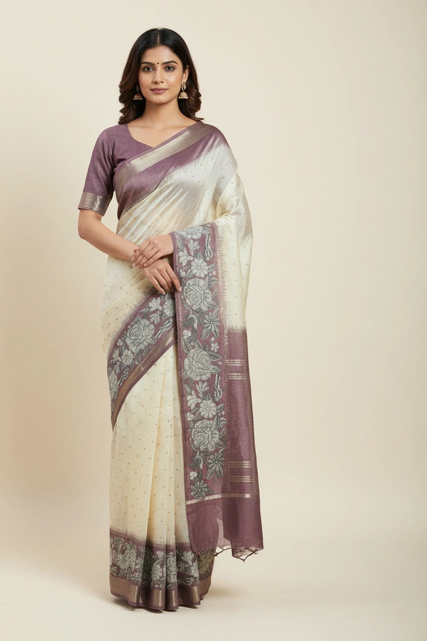 Printed Cotton Saree with Floral Everyday Festive Pattern - View 6 | Rangoli