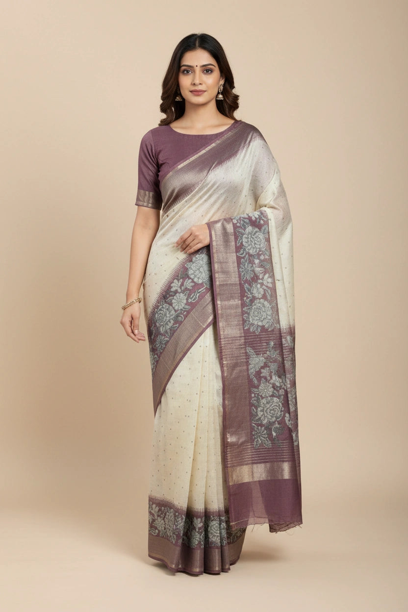 Printed Cotton Saree with Floral Everyday Festive Pattern - View 7 | Rangoli