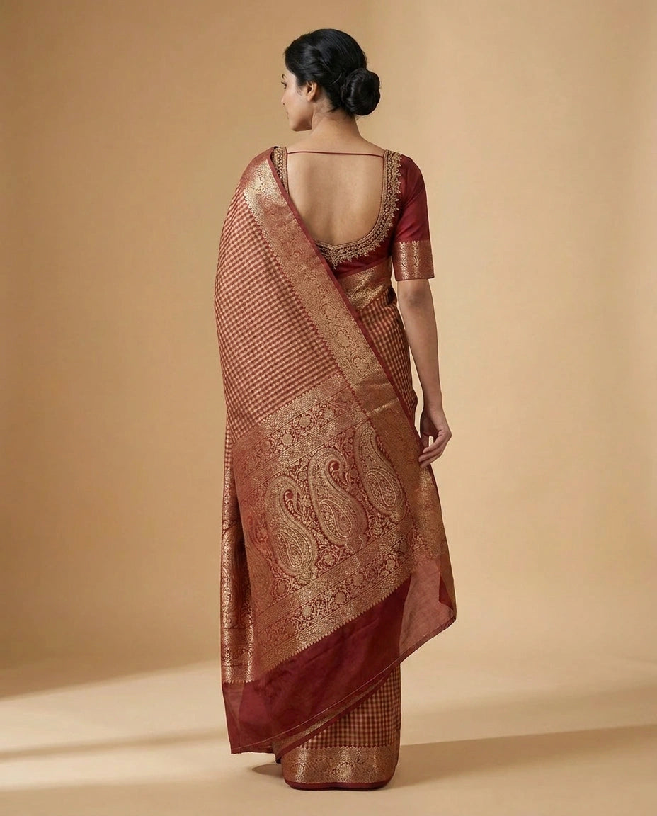 Brown Cotton Banarasi Saree with Jacquard Woven Zari Motif Work - Rangoli India