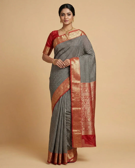 Brown Cotton Banarasi Saree with Jacquard Woven Zari Motif Work - Rangoli India