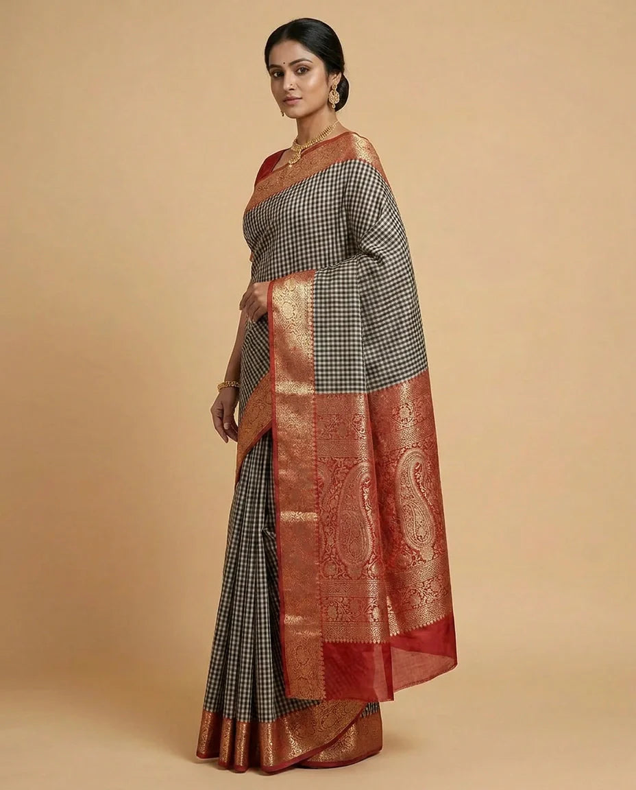 Brown Cotton Banarasi Saree with Jacquard Woven Zari Motif Work - Rangoli India