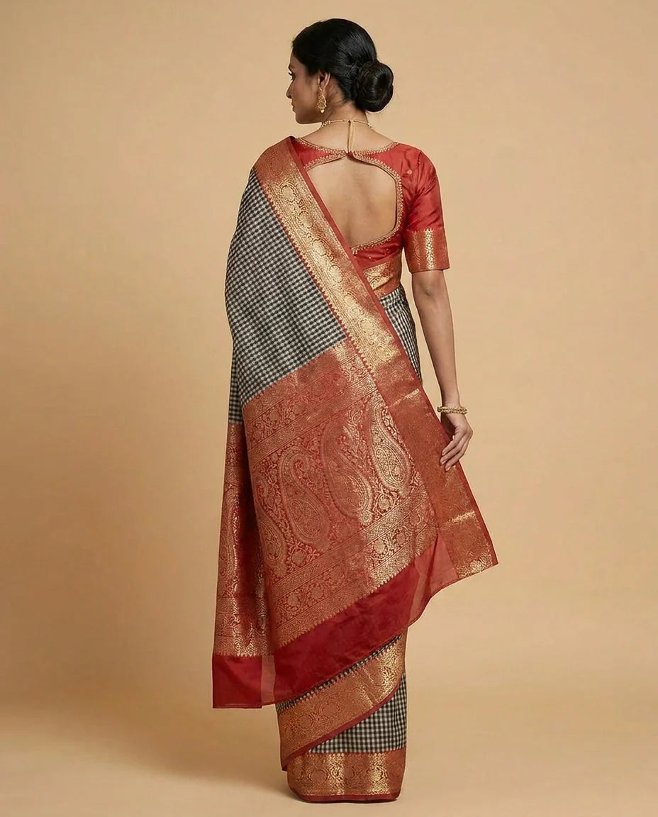 Brown Cotton Banarasi Saree with Jacquard Woven Zari Motif Work - Rangoli India